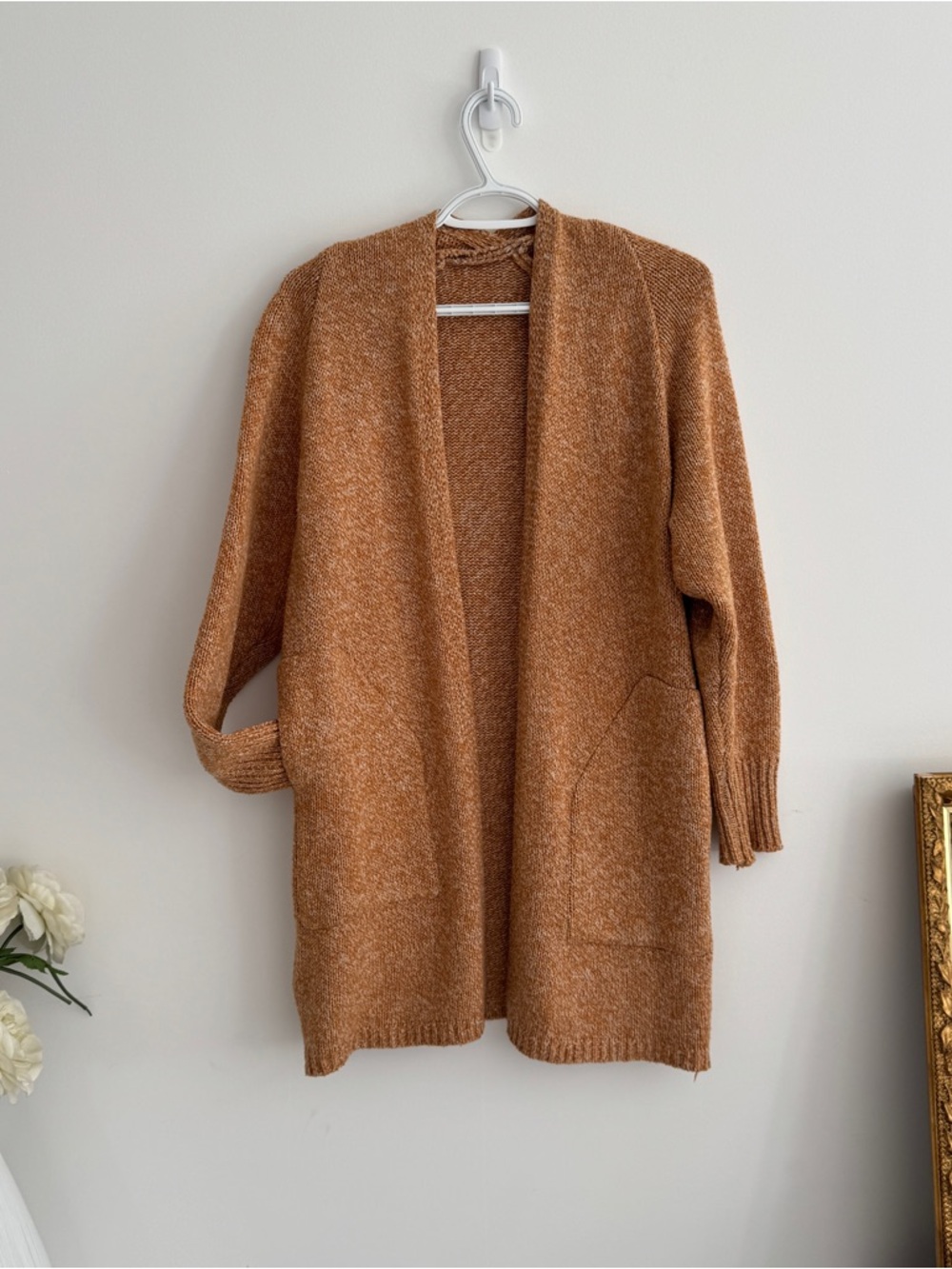 Chunky Knit Open Cardigan Mustard Brown Minimalist Duster Cozy Layering Sweater